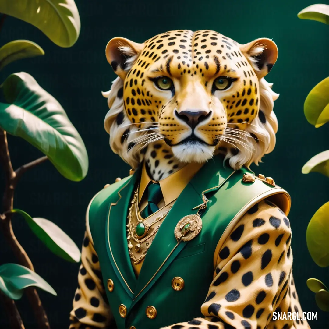 Statue of a leopard wearing a green suit and a leopard head on top of a green jacket. Example of Pine green color.