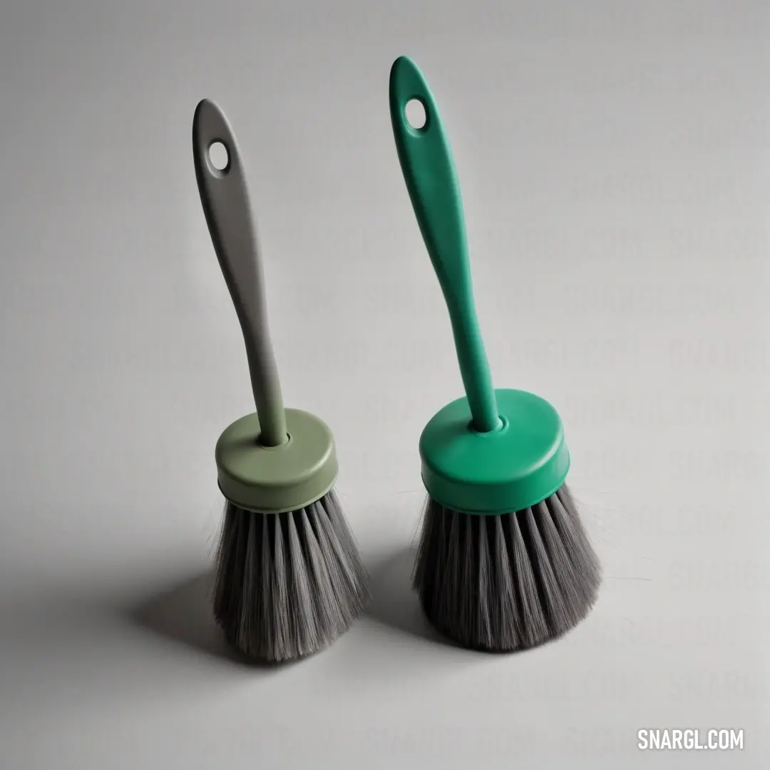 Pine green color example: Two brushes are on a white surface with a green handle and a gray bristles on the top