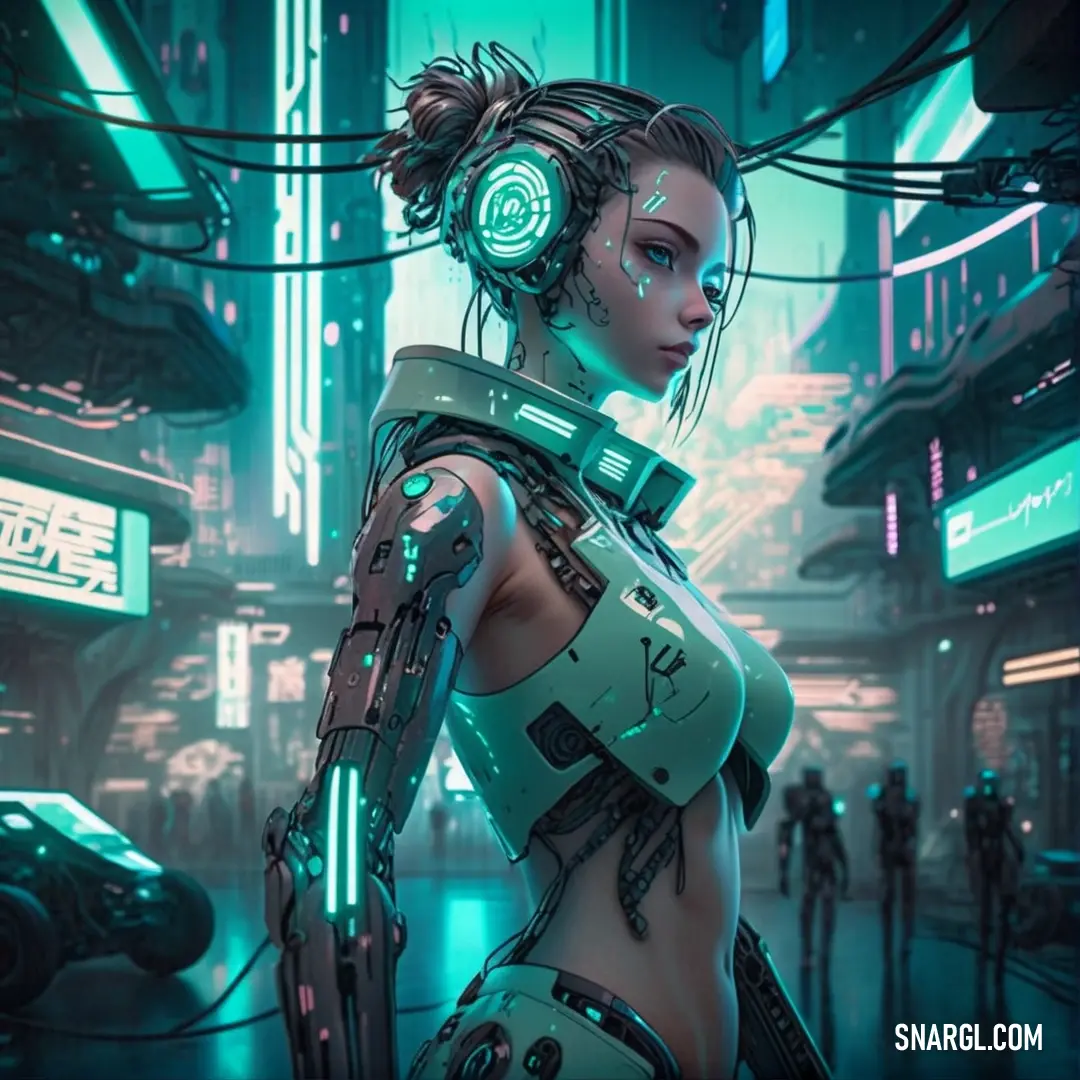 Woman in a futuristic city with headphones on her head and a futuristic suit on her body. Color CMYK 99,0,8,53.