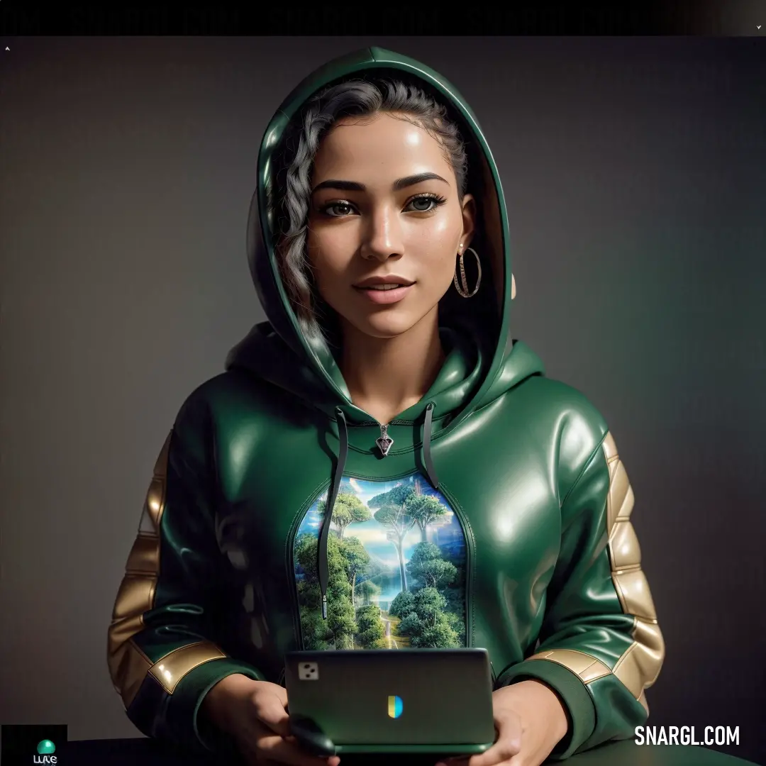 Woman in a green hoodie holding a laptop computer in her hands and looking at the camera
