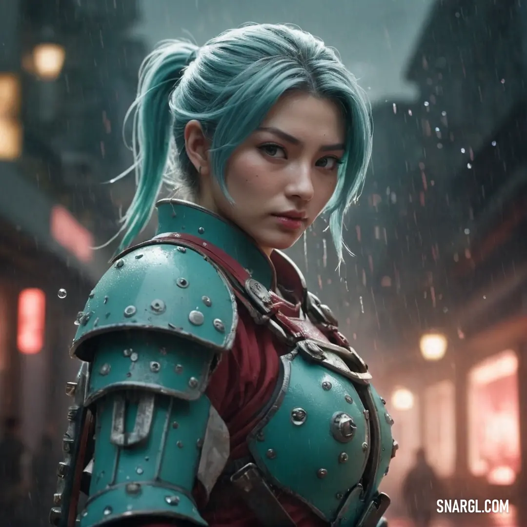 Woman with blue hair and armor in the rain with a city background. Color CMYK 99,0,8,53.