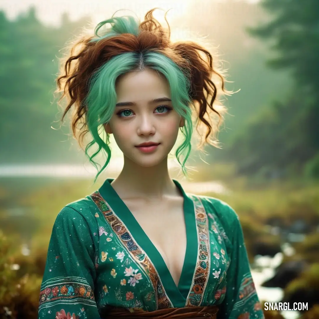 Woman with green hair and a green dress in a forest with a stream of water behind her and trees in the background