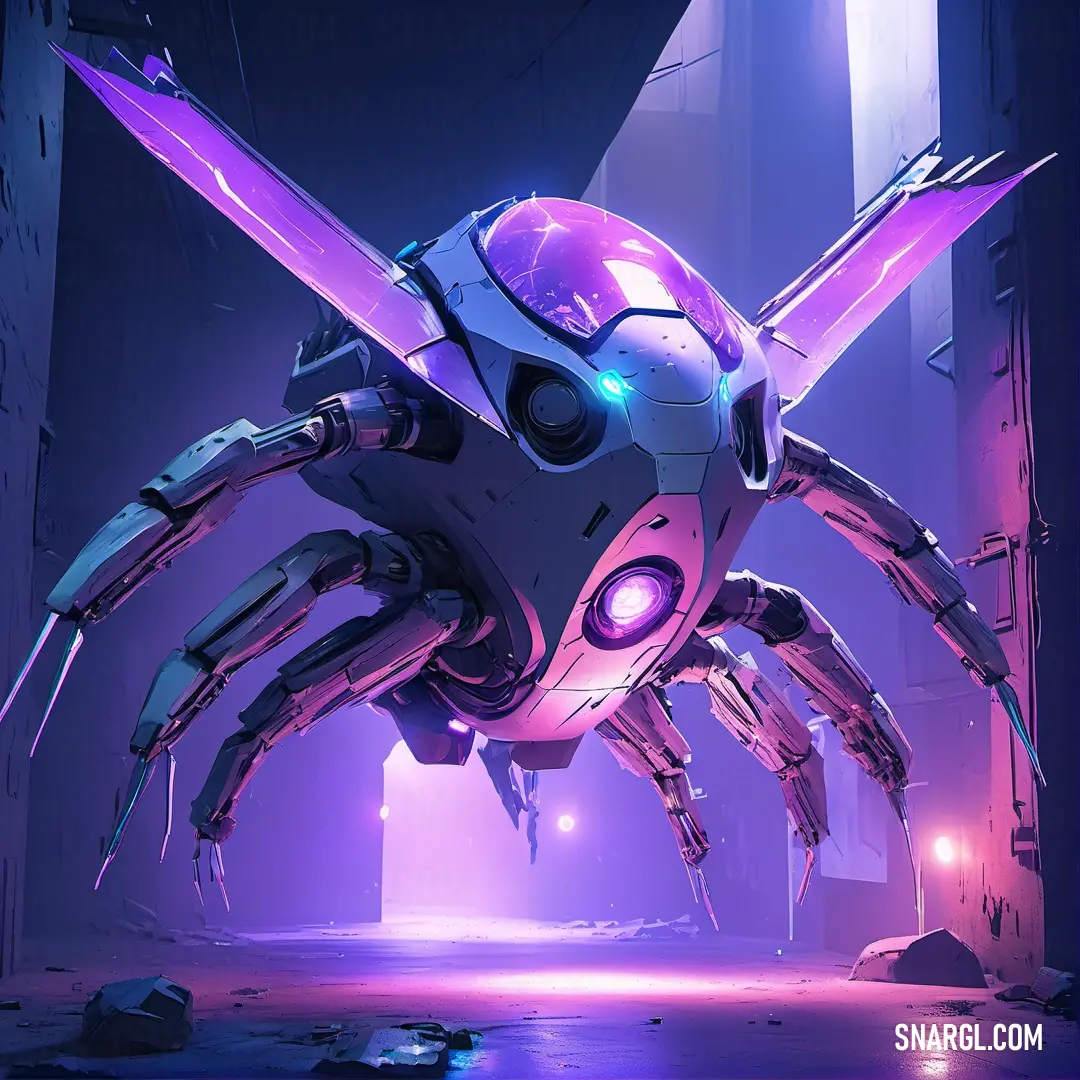 Futuristic robot with a large purple spider crawling on it's back legs and arms. Color RGB 252,116,253.