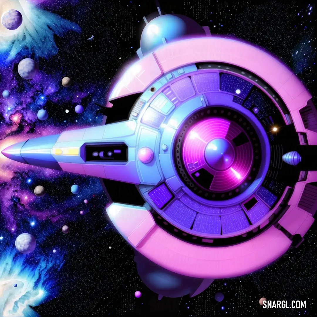 Futuristic space station with a colorful background and a colorful star field in the background with planets and stars
