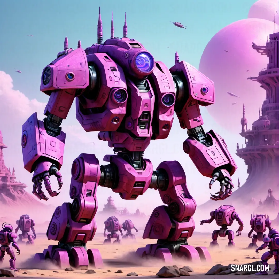 Group of pink robots in a desert area with a castle in the background