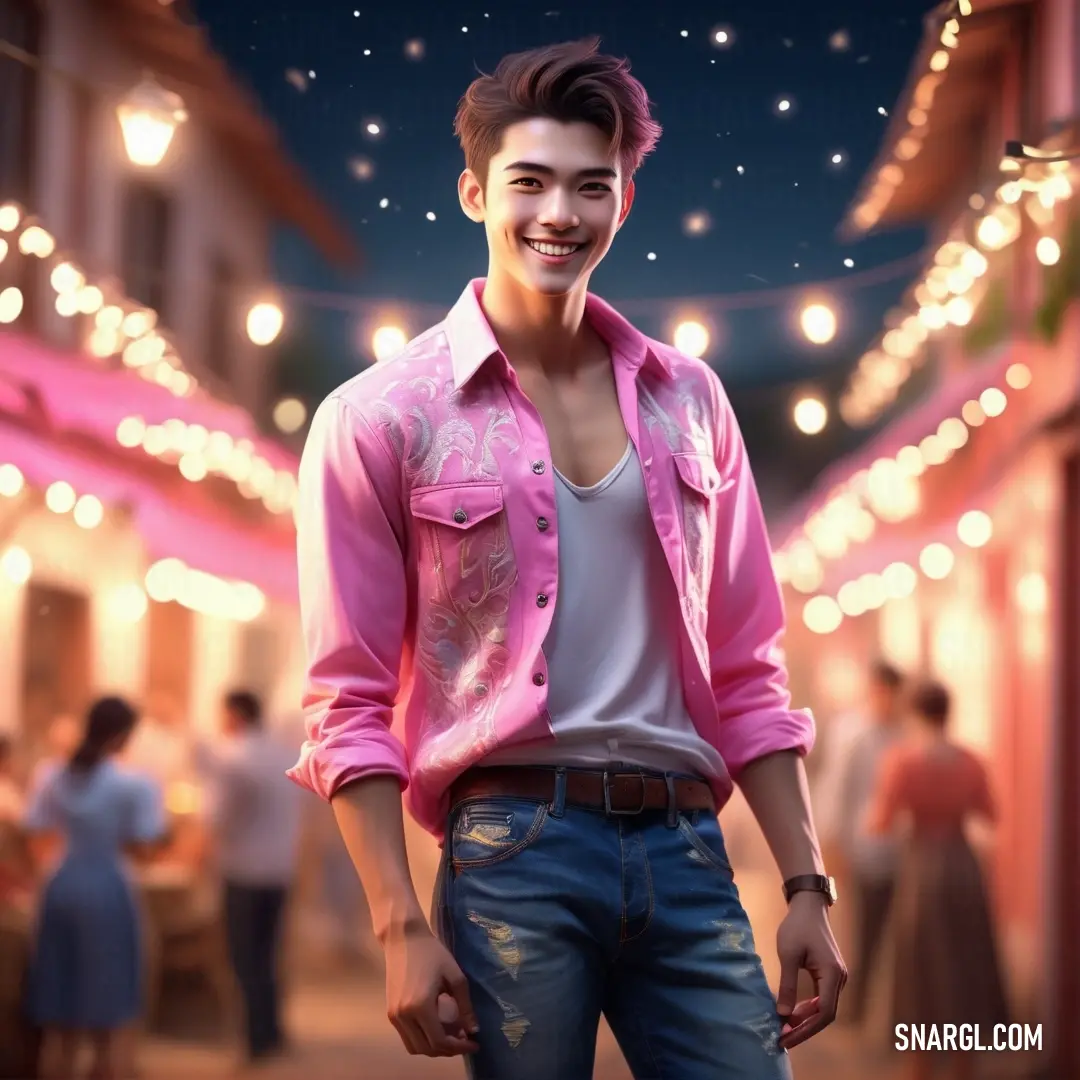 Pink Flamingo color example: Man in a pink shirt and jeans standing in a street at night with people in the background