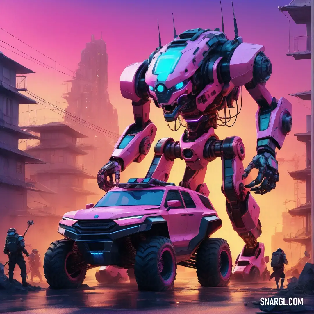 Pink and blue robot car in a city setting with people walking around it and a man standing next to it. Example of CMYK 0,54,0,1 color.