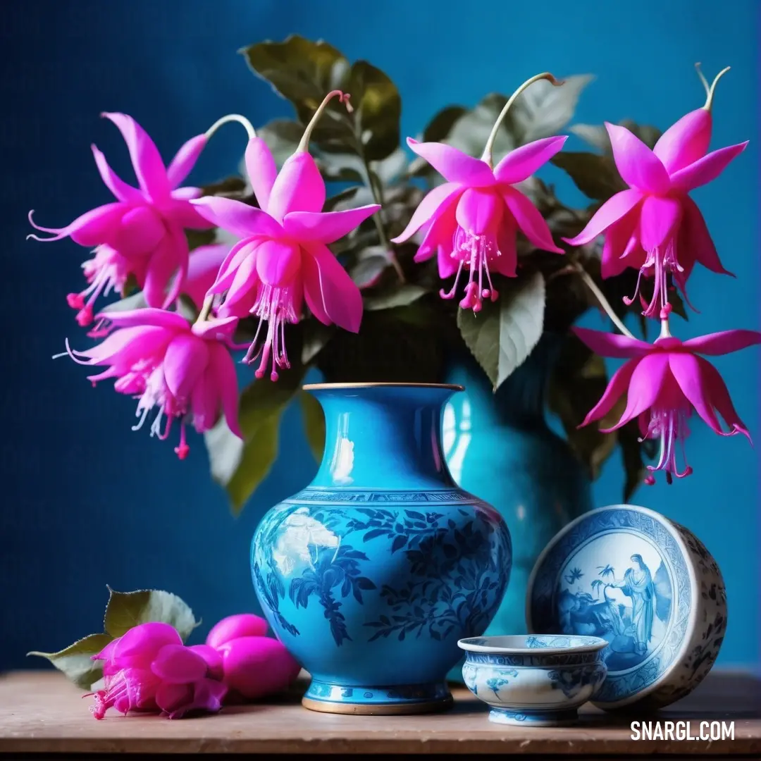 Blue vase with pink flowers in it and a blue bowl with a blue lid on a table. Color RGB 252,116,253.