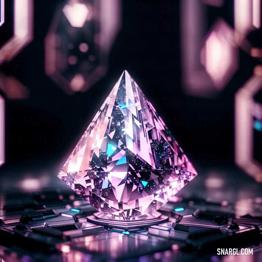 Pink diamond surrounded by other diamonds on a table with a black background. Example of RGB 252,116,253 color.