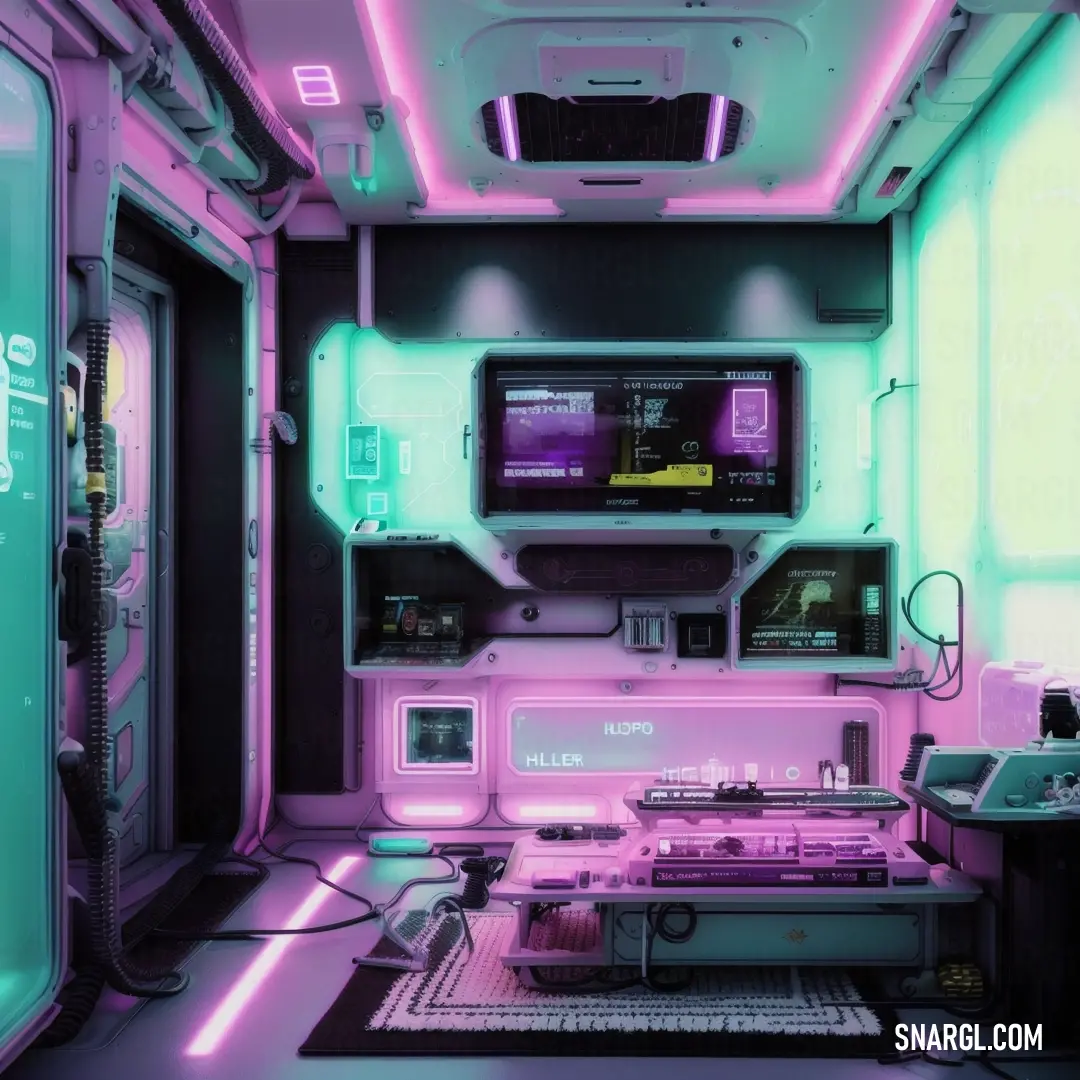 Room with a lot of electronics and a neon light on the ceiling and a desk with a laptop on it. Example of CMYK 0,54,0,1 color.