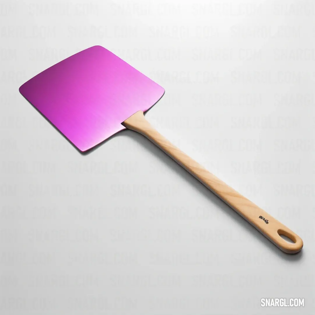 Spatula with a wooden handle on a white background. Example of RGB 252,116,253 color.