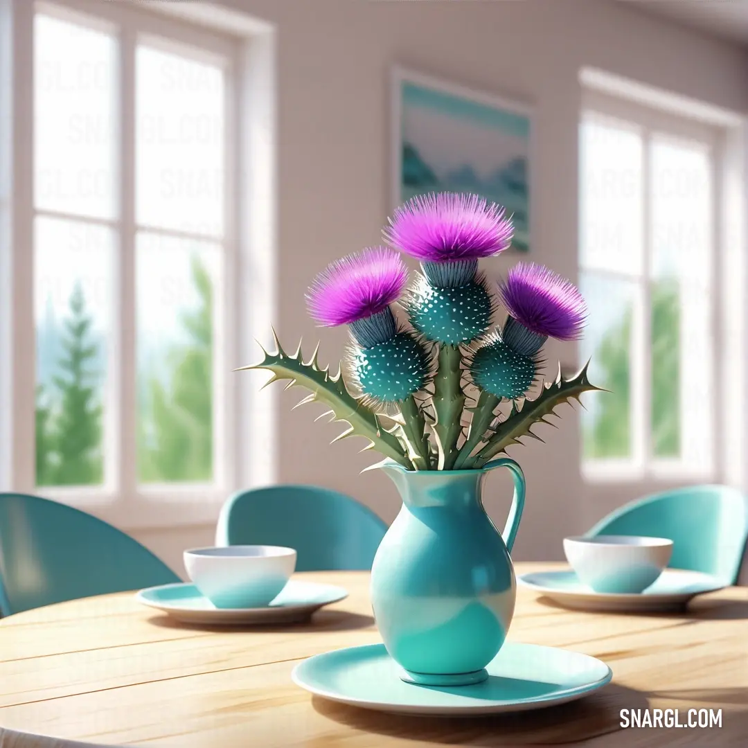 Vase with purple flowers on a table with blue chairs and plates on it. Color #FC74FD.