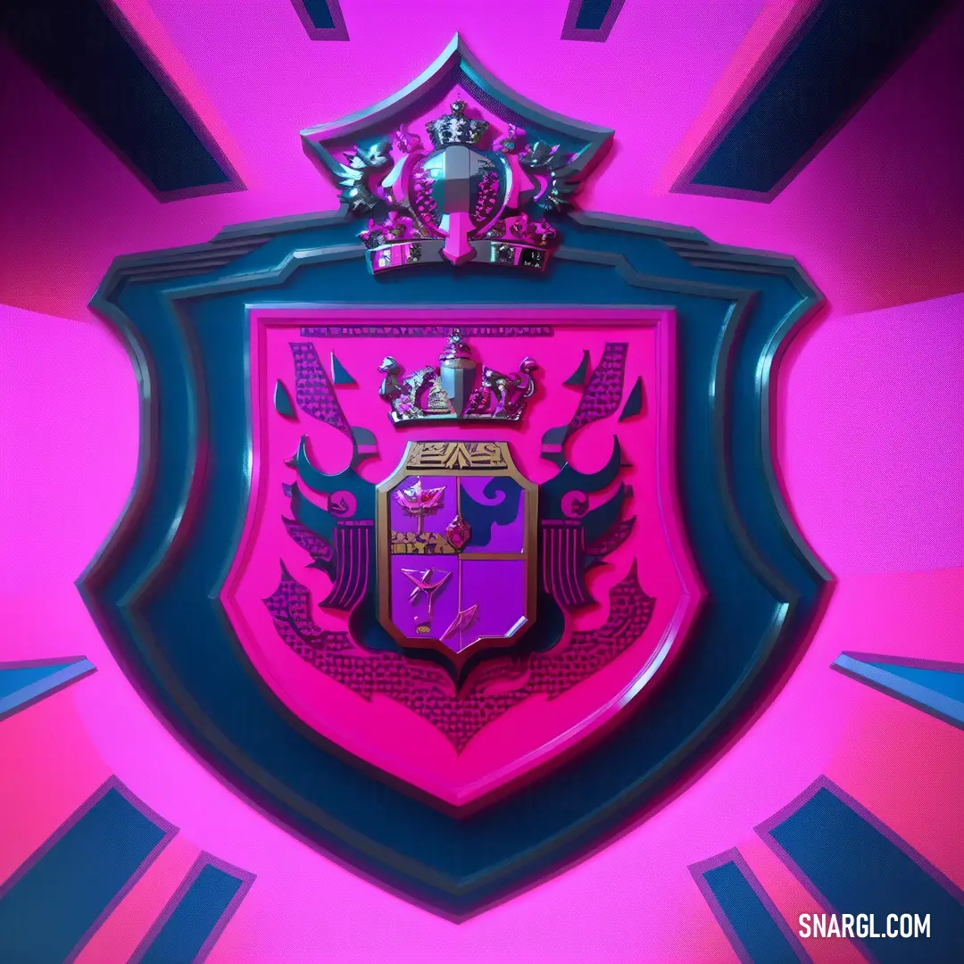 Purple and blue shield with a crown on top of it on a pink background with a purple