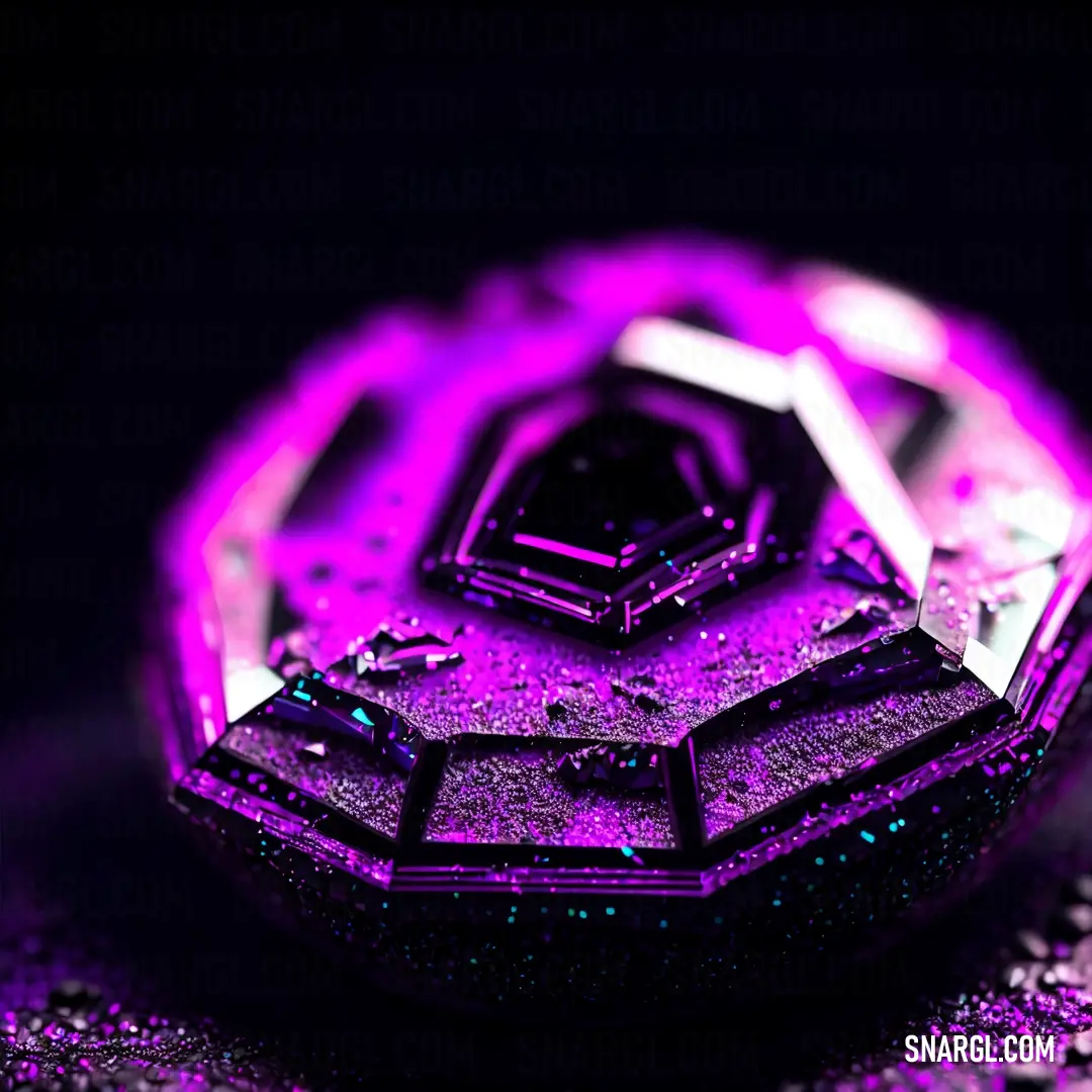 Purple diamond on top of a table next to a black background. Example of #FC74FD color.