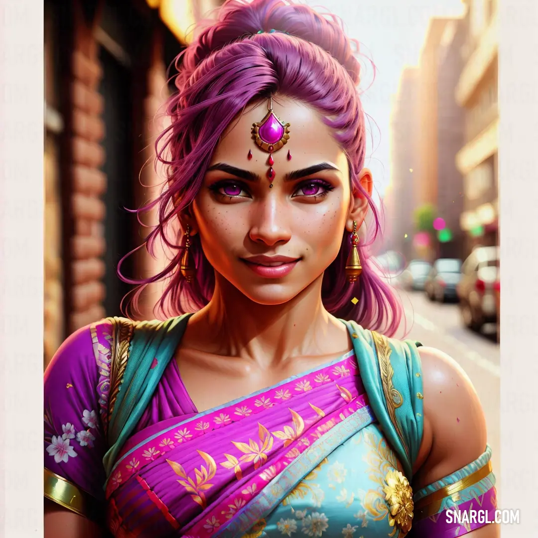 Woman with purple hair and a blue and pink sari on her head and a street in the background. Color RGB 252,116,253.