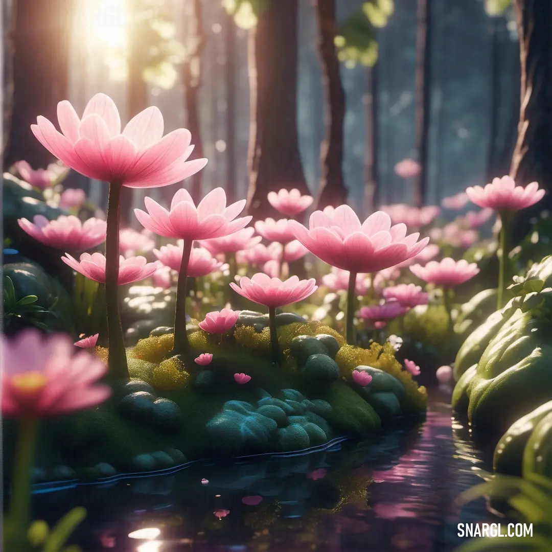 Bunch of pink flowers in a forest with sunlight shining through the trees and water on the ground