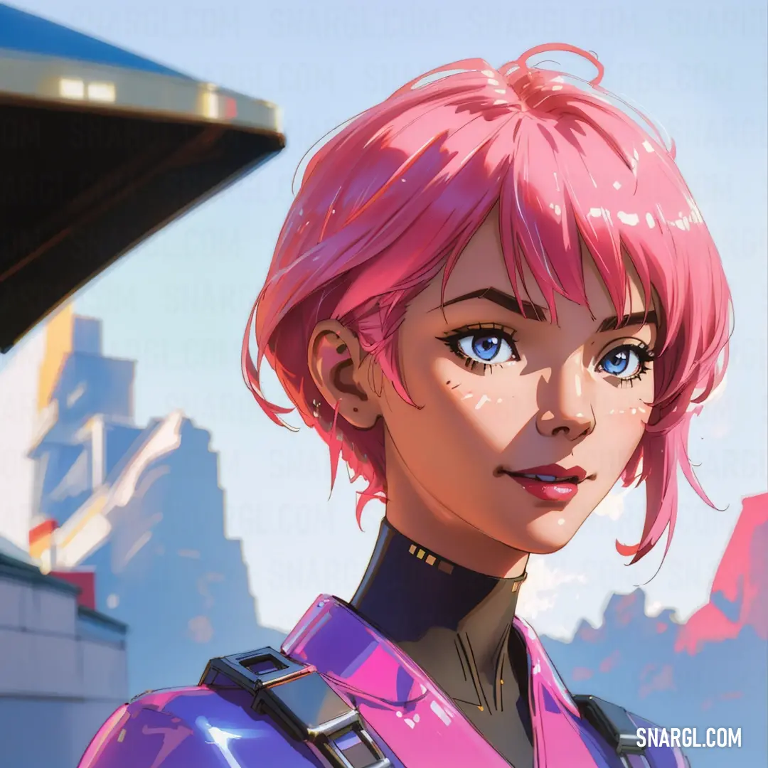 Cartoon character with pink hair and blue eyes looking at the camera with a city in the background. Color Pink Sherbet.