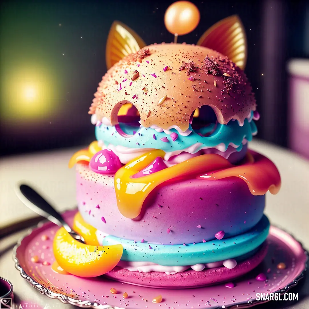 Colorful cake with a cat on top of it on a plate with a spoon