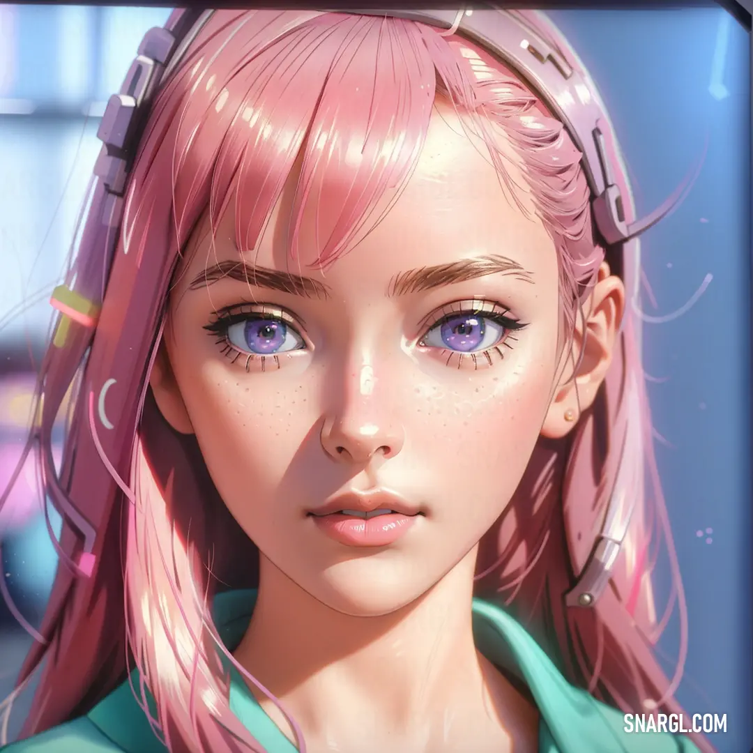 Digital painting of a girl with pink hair and blue eyes with a pink ponytail and a green shirt