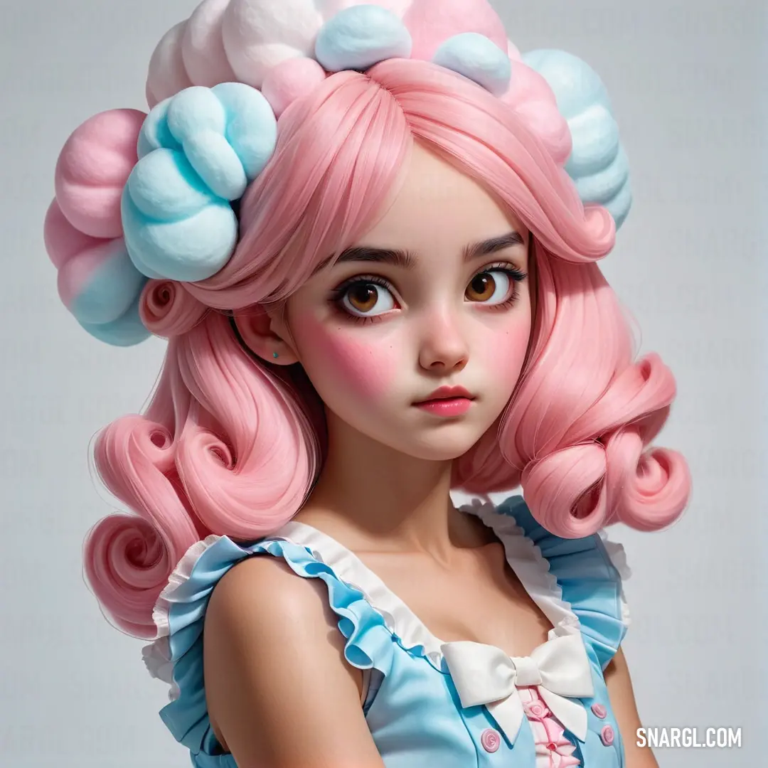 Doll with pink hair and blue eyes wearing a pink wig and blue dress with white. Color RGB 247,143,167.