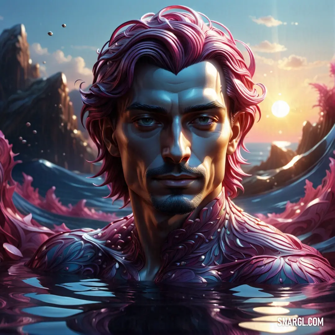 Pink Sherbet color example: Man with pink hair is in the water with a mountain in the background and a sun shining behind him