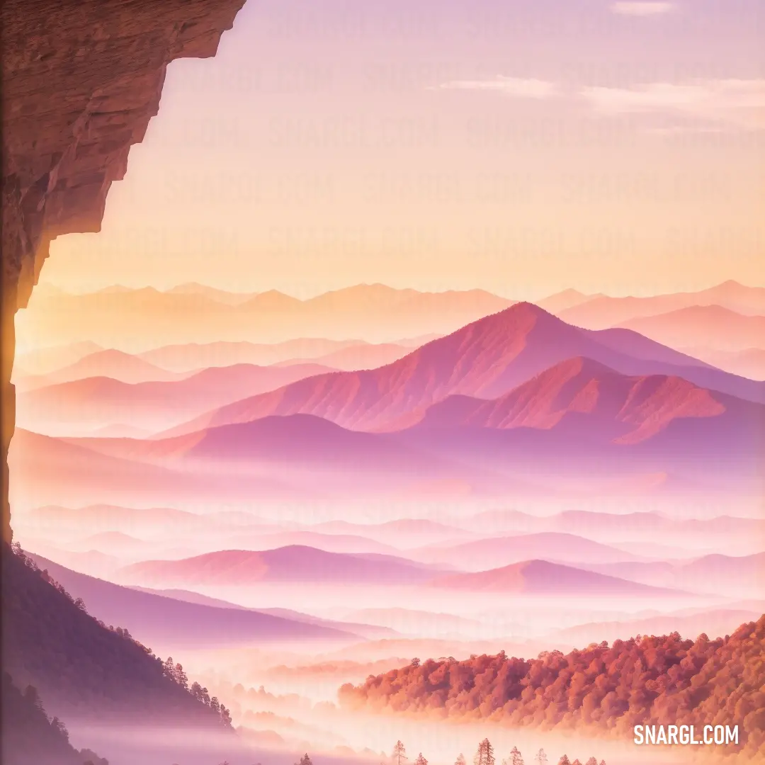 Painting of a mountain range with a view of the sky and clouds from a window in a building