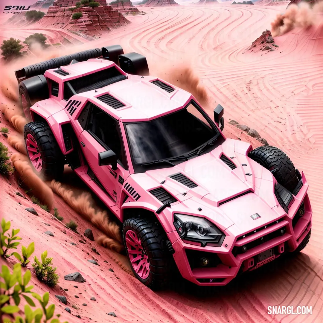 Pink car driving through a desert with rocks and trees in the background and a pink sky above it