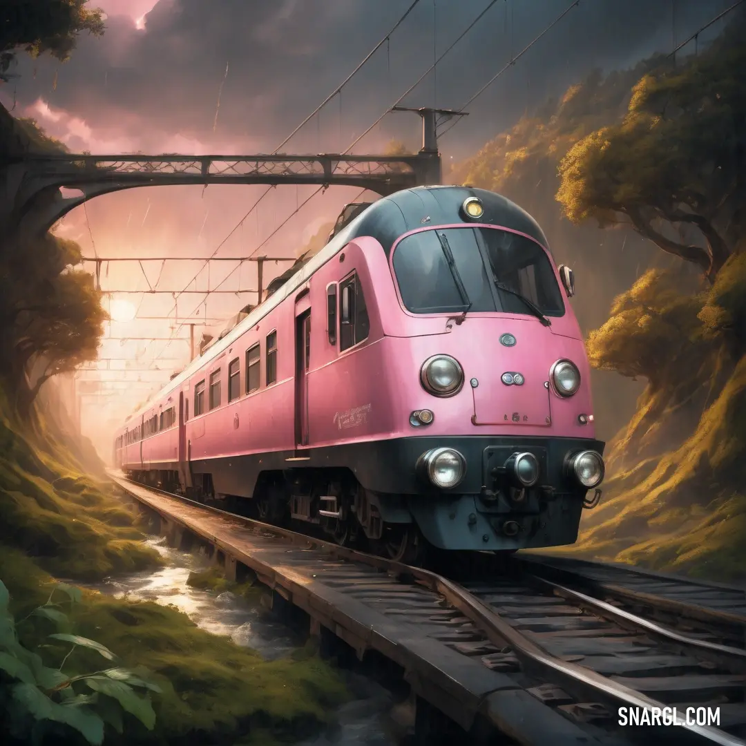 Pink train traveling down train tracks next to a forest filled with trees and bushes at sunset with a bridge above