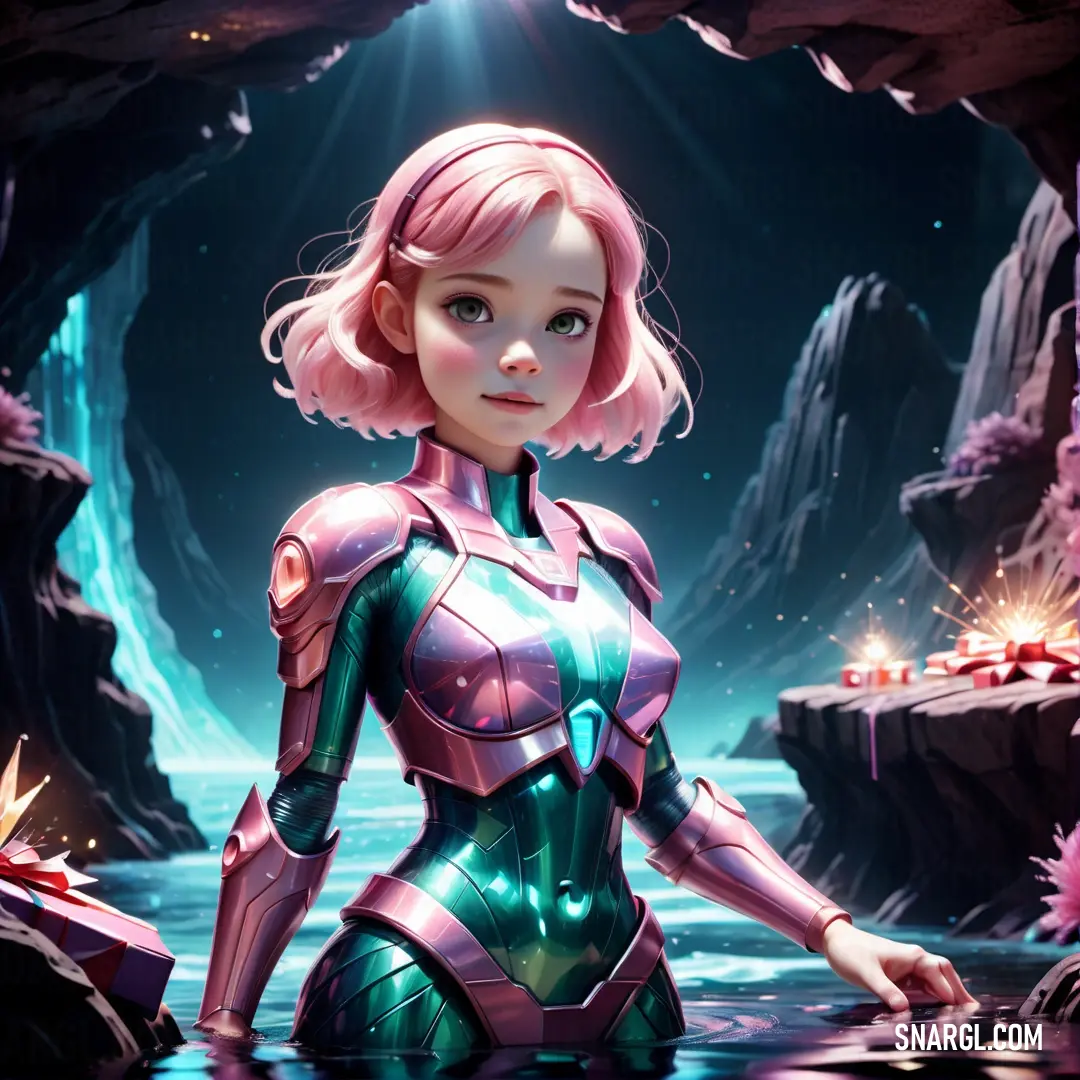 Woman in a futuristic suit standing in a cave with a light shining on her chest and a glowing star above her head