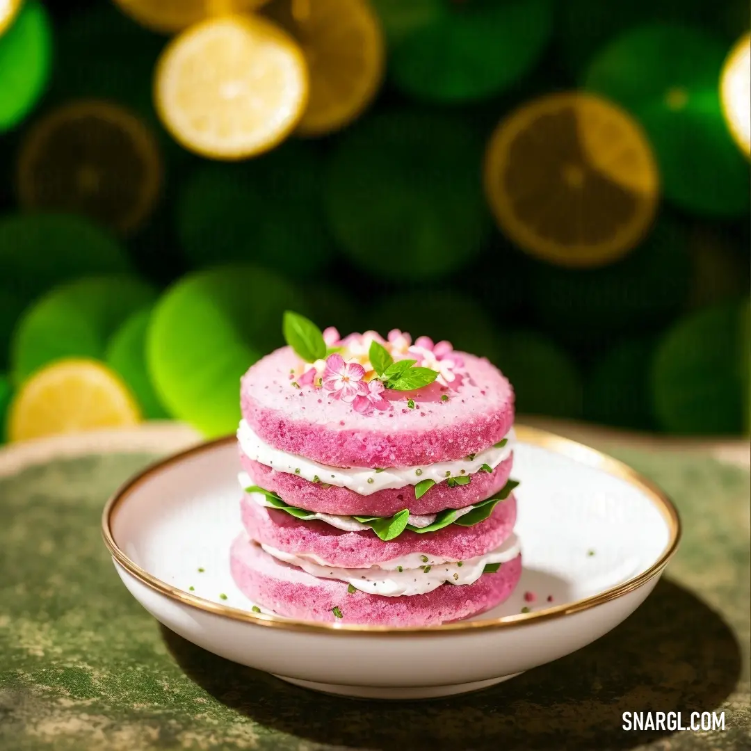 Plate with a stack of pink and white cakes on it and a green background with lemon slices and leaves