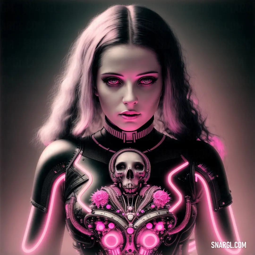 Woman with a skeleton and a pink light on her chest. Example of CMYK 0,42,32,3 color.