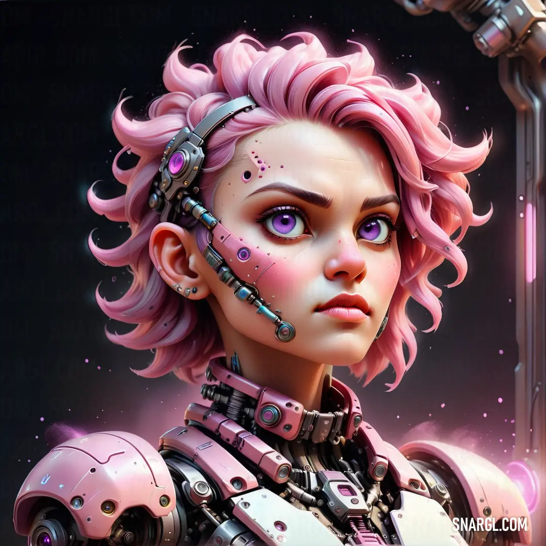 Woman with pink hair and a futuristic suit on her face and chest. Color CMYK 0,42,32,3.