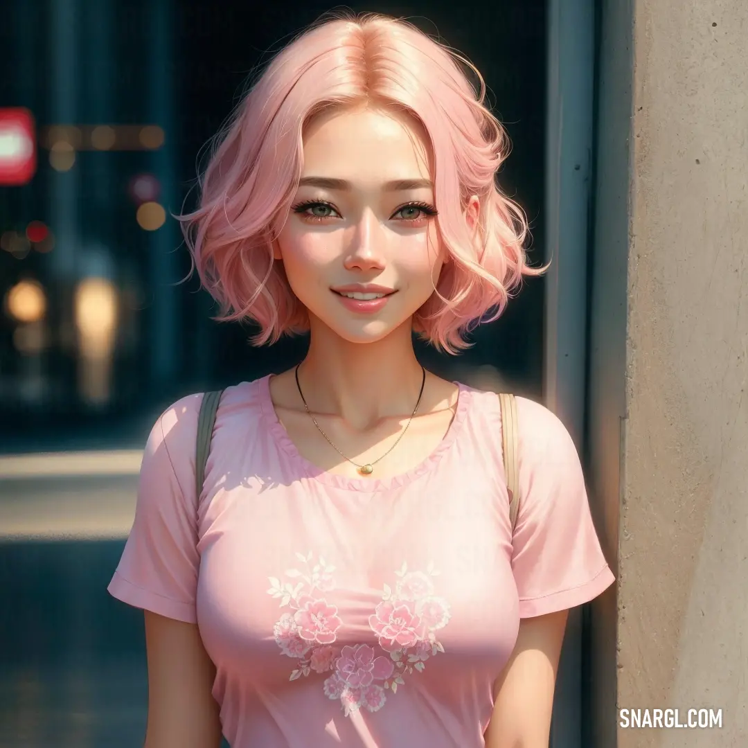 Woman with pink hair and a pink top is standing by a wall and smiling at the camera