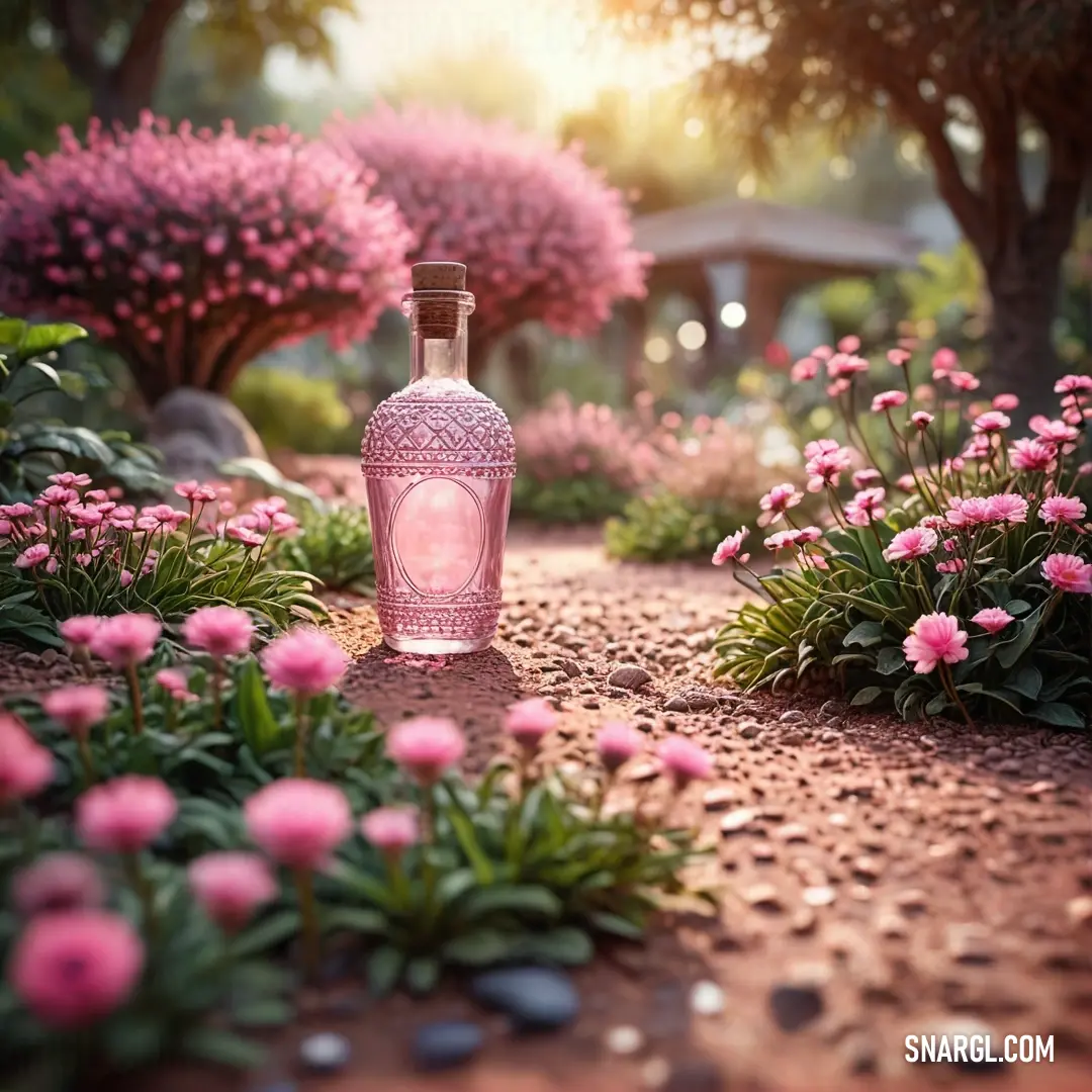 Bottle of pink liquid on a path surrounded by flowers and trees in the background. Example of Pink color.