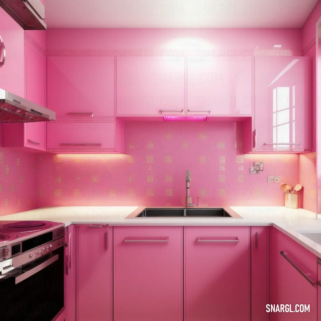 Kitchen with pink cabinets and a sink and stove top oven and a window with a light on it