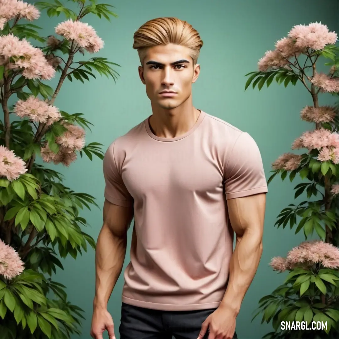 Man standing in front of a tree with flowers on it's branches and a pink shirt on