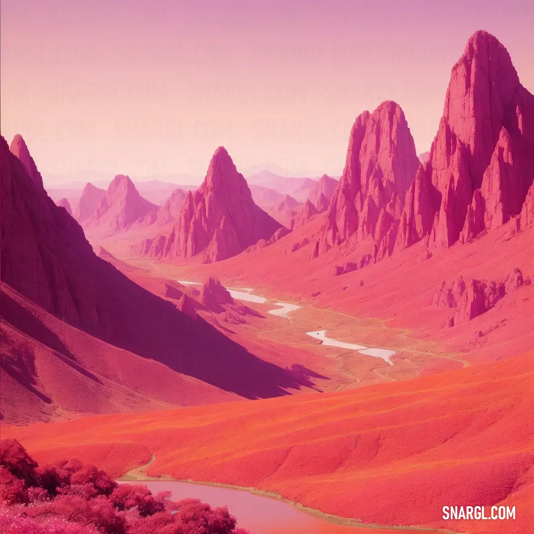 Mountain range with a river running through it and a pink sky above it