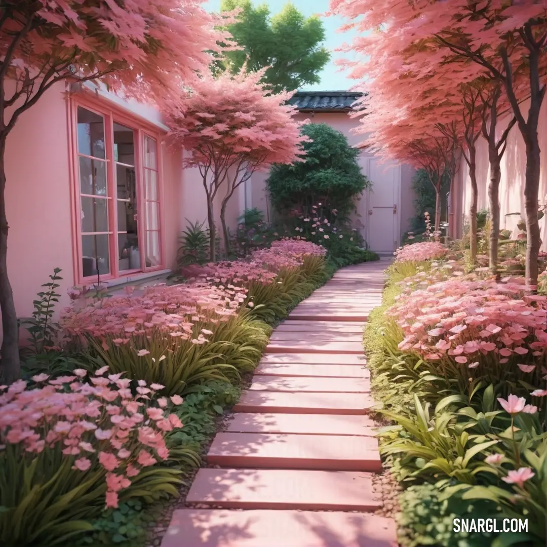 Pathway lined with pink flowers and trees next to a building with a pink door and windows on the side. Color Pink.