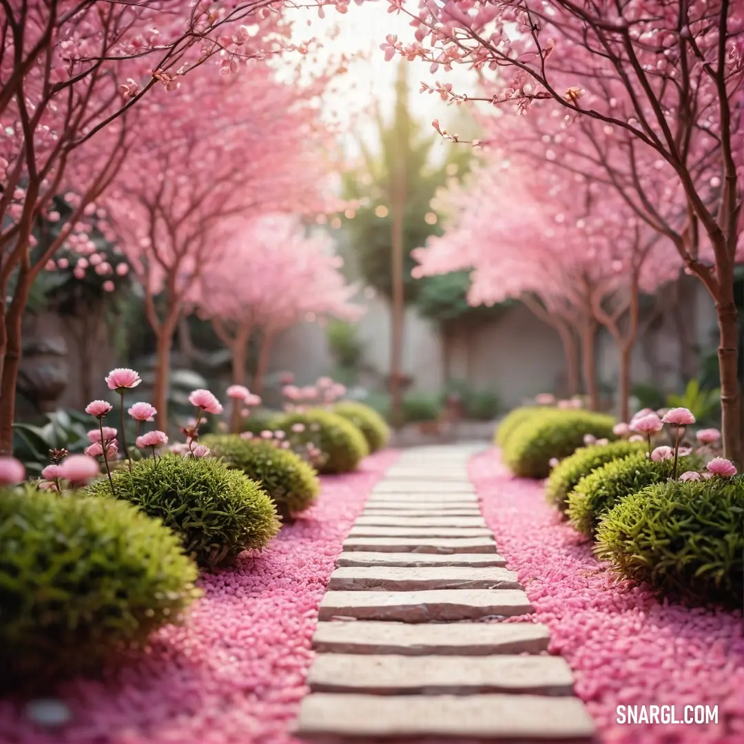 Pathway lined with pink flowers and trees in the background. Color #FFC0CB.