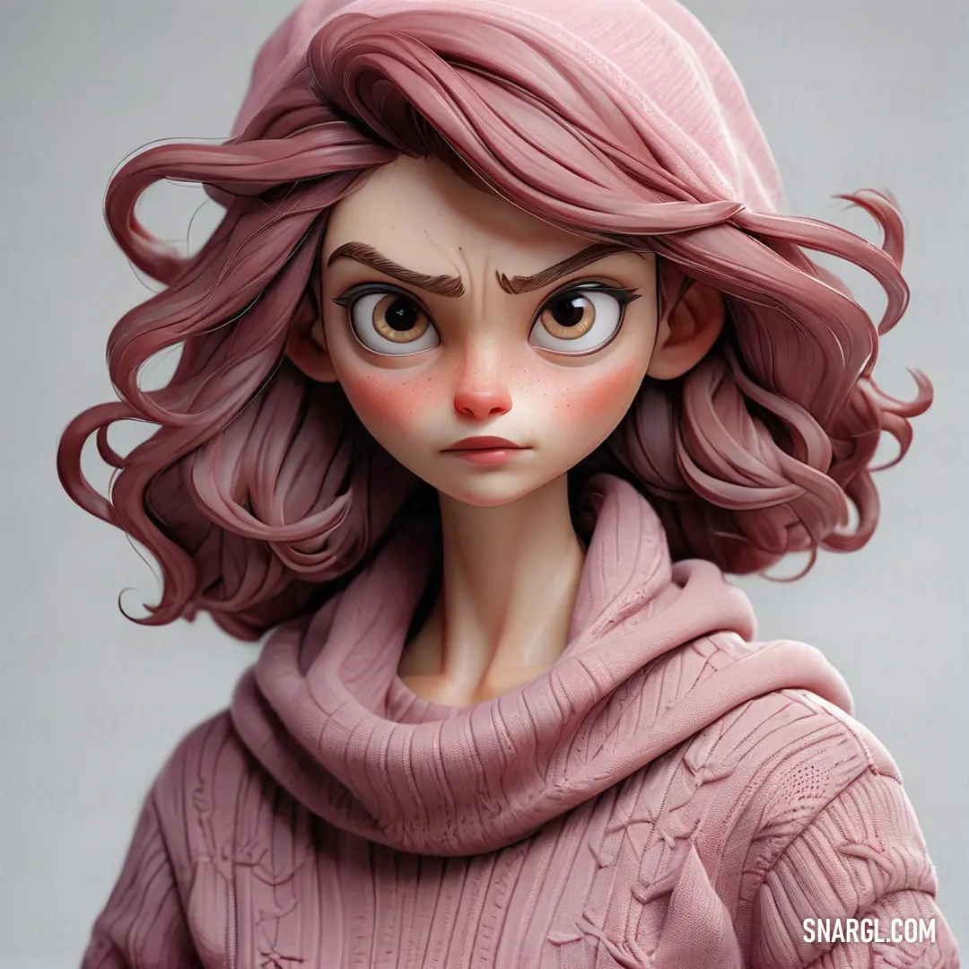 Doll with pink hair and a pink sweater on a table with a white background. Color Pink.