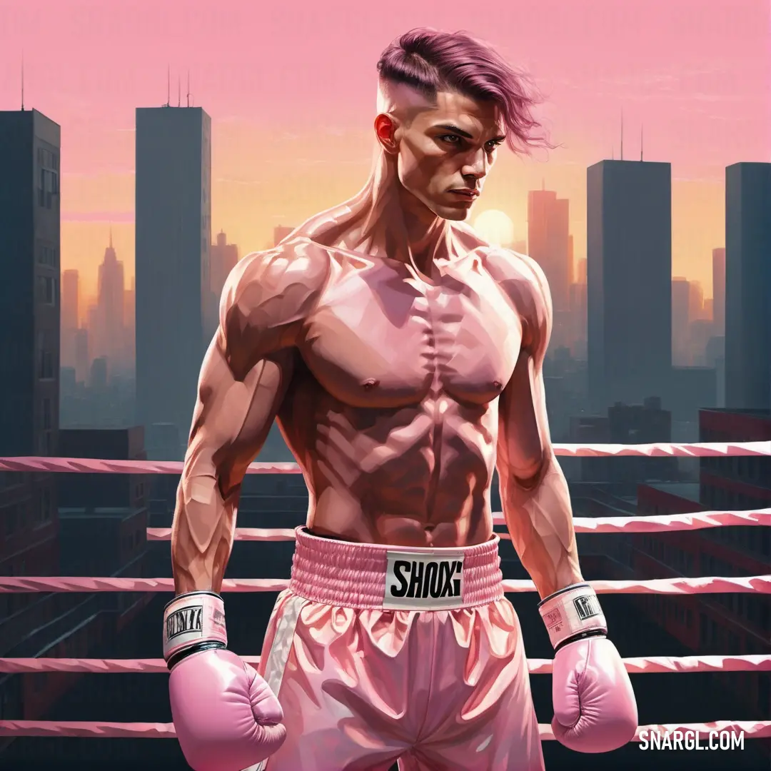 Man with a pink boxing glove standing in a ring with a city background. Example of Pink color.