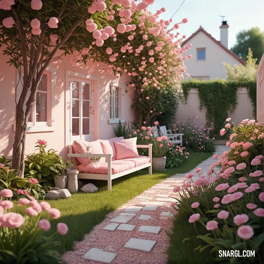 Pink house with a pink couch and flowers in the front yard and a path leading to the front door. Color Pink.