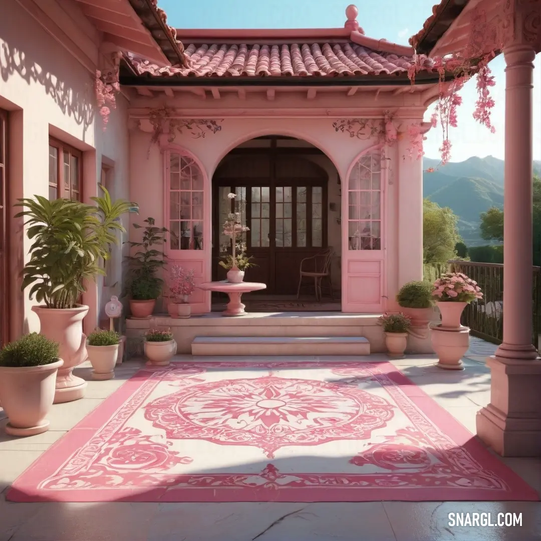 Pink house with a pink rug on the front porch and a pink table and chairs on the side. Color RGB 255,192,203.