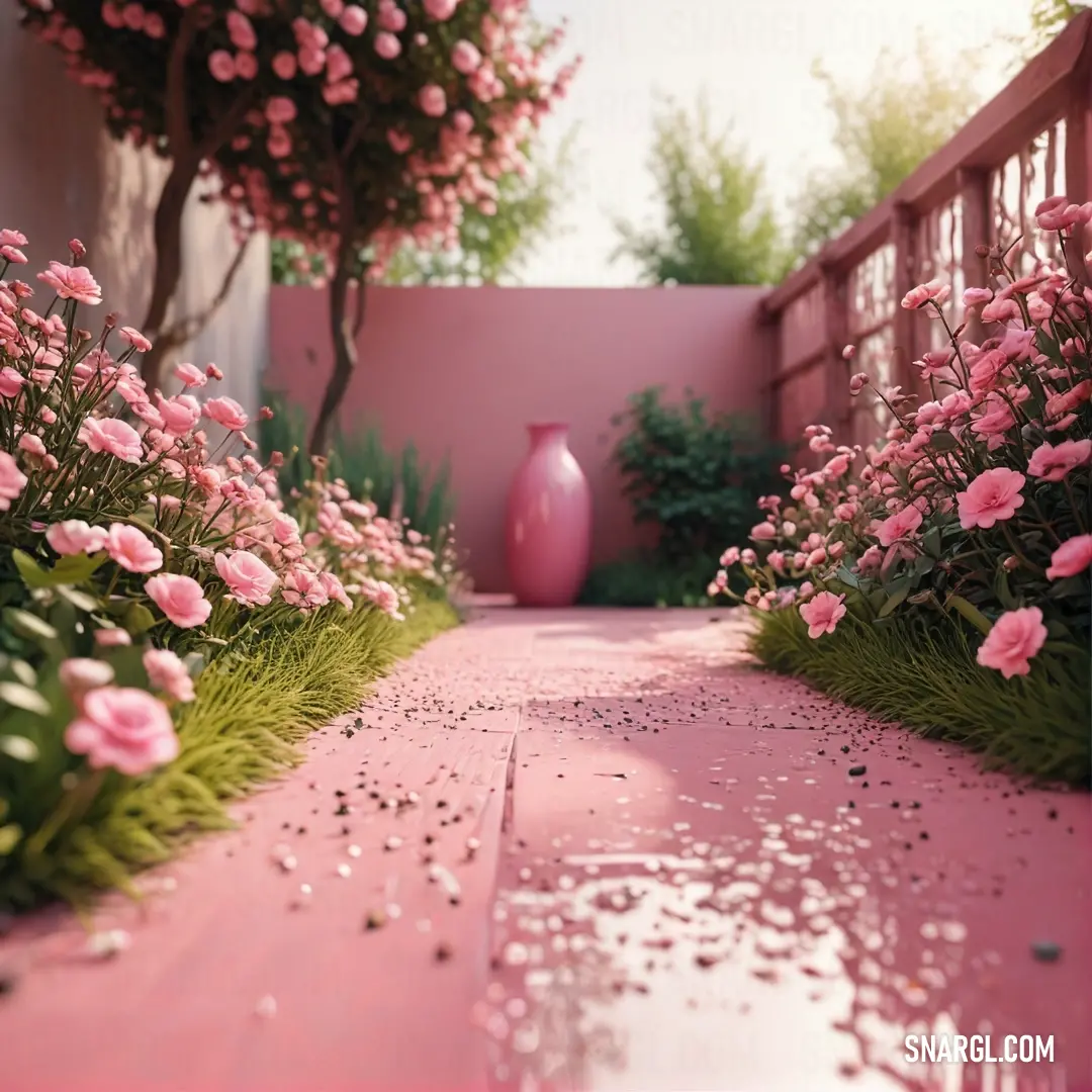 Pink color example: Pink vase on top of a pink floor next to a lush green field of flowers and trees