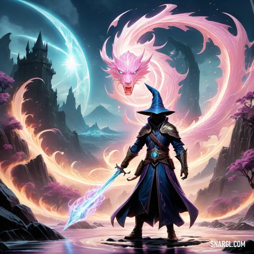 Pink color example: Wizard with a dragon on his back holding a sword in front of a lake and a dragon on the other side
