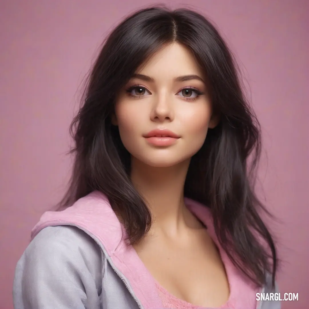 Pink color example: Woman with long hair and a pink shirt on a pink background