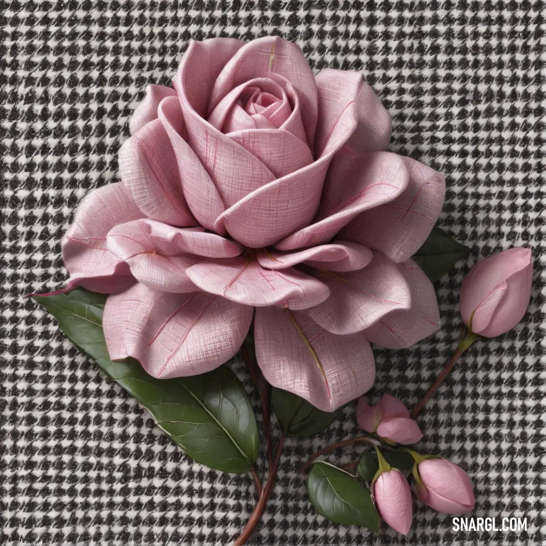 Pink rose is on a black and white checkered cloth with green leaves and buds on the stem