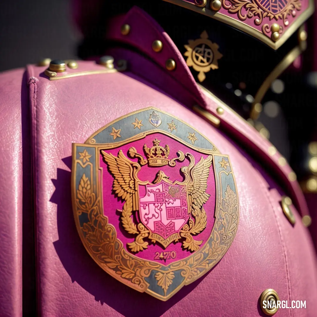 Pink suit with a gold crest on it's chest and a crown on top of it's back