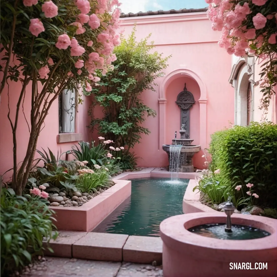Small pool in a garden with a fountain and flowers around it. Example of CMYK 0,25,20,0 color.