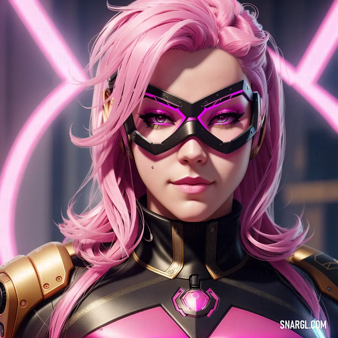 Woman in a pink outfit and black mask with pink hair and glasses on her face